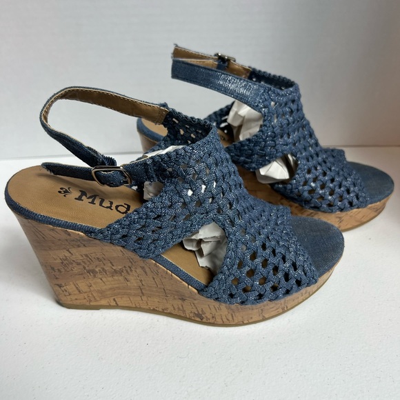 MUDD blue demon Woven Peep Toe Platform Cork Wedge Sandals, size 8 1/2 - Picture 3 of 9